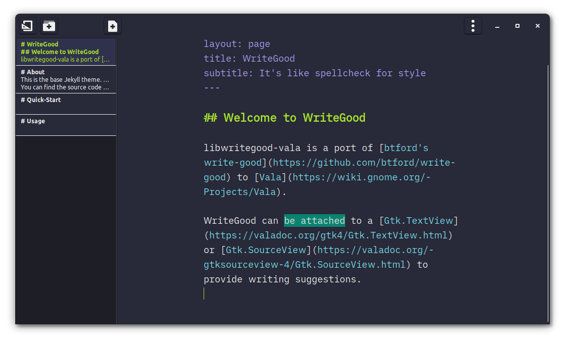 Screenshot of WriteGood enabled in ThiefMD